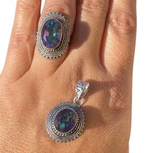 Sterling Silver 925, Mystic Topaz stone ring #6 and pendant Set